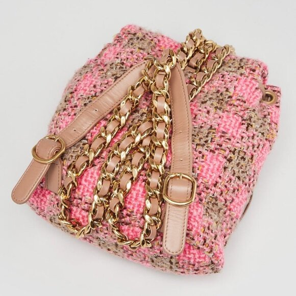 Chanel Pink/Brown Tweed Elegant Chain Backpack Bag - Picture 3 of 12